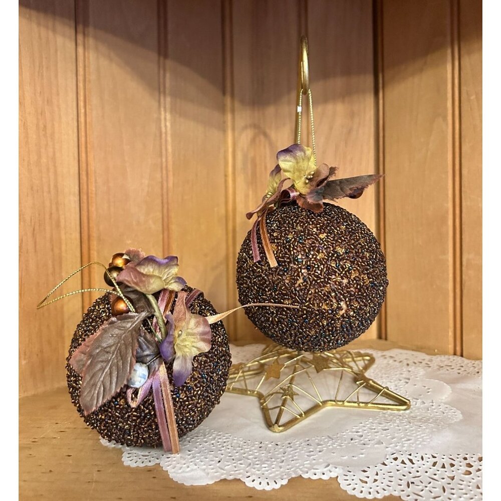 Set Of 2 Beaded Burgundy Purple Christmas Bulbs Balls Ornaments Silk Flower